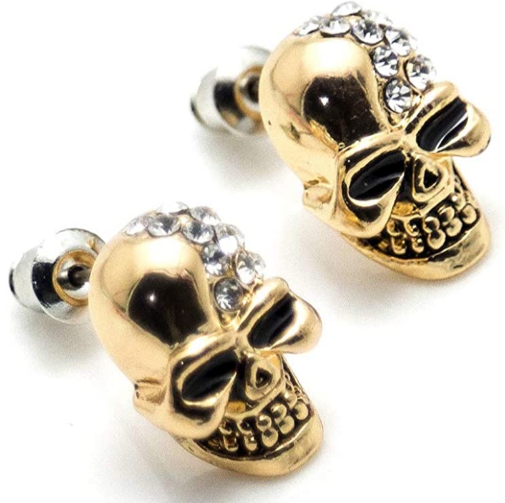 Rhinestone 3D Gold Skull Post Earrings Stud Goth Glam Metal Biker Halloween New